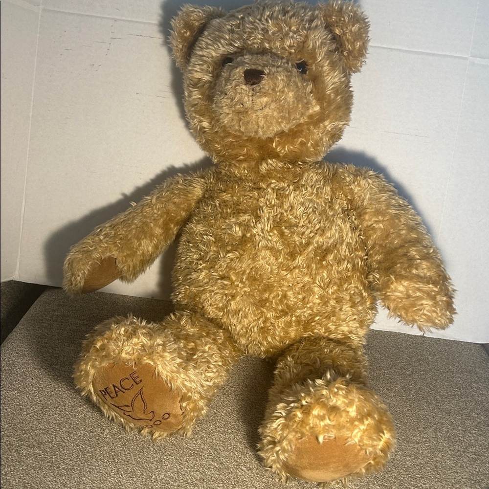 Plush Tan Teddy Bear Stuffed Animal - Peace Embroidered Paw